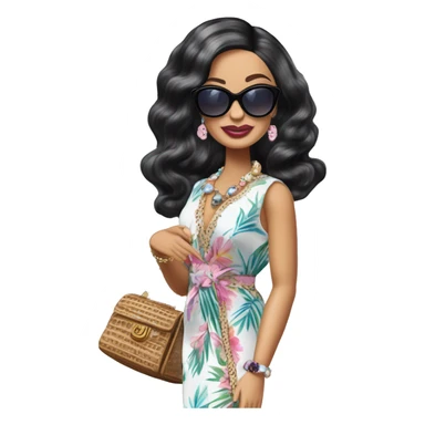 Palm Beach Breeze Barbie Wednesday Addams ,white skin, full body visible, wavy hair,handbag, earrings,floral caftan,small 2 piece, sunglasses,heels,holding yorkie Miss Thang sticker