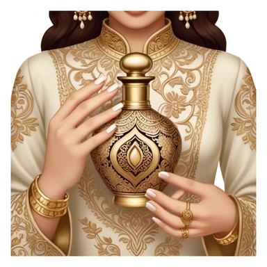 A mesmerizing close-up of henna-adorned hands delicately holding an ornate perfume bottle. The deep, intricate henna patterns beautifully contrast against the soft skin, while the luxurious gold-embellished bottle exudes opulence and tradition. sticker
