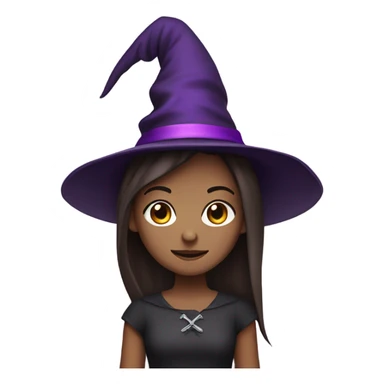 a young white thin girl with straight brown hair and dark eyes dressed as a witch with purple hat sticker