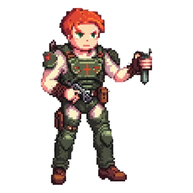 a SNES box art image of a man in military gear disarming a IED inside of a toolshed, dramatic single overhead lamp, he has red hair and a face like retro doomguy sticker