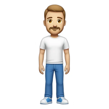 a white man with a round brown head with a small beard with a mustache with medium-short hair a wide white t-shirt and very wide blue pants and white shoes sticker