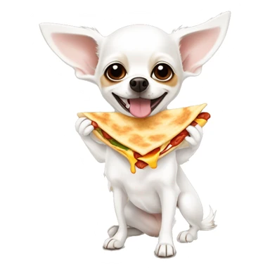 Long-haired white Chihuahua with reddish-brown markings eating a quesadilla sticker