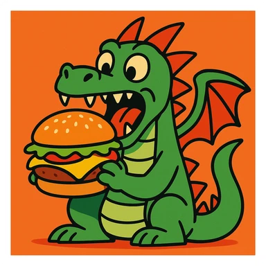 a dragon eating a cheeseburger, vibrant cartoon style sticker