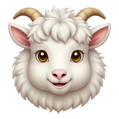Cinematic Cute White Goat Portrait Emoji, Head tilted playfully and inquisitively, featuring a fluffy, immaculate white fur with charming curved horns, round, sparkling eyes filled with gentle curiosity, Simplified yet irresistibly adorable features, highly detailed, glowing with a warm, friendly glow, high shine, affectionate and lively, stylized with a touch of whimsical charm, bright and endearing, soft glowing outline, capturing the essence of a mischievous yet loving goat, so playful it feels like it could trot out of the screen and into your arms! sticker