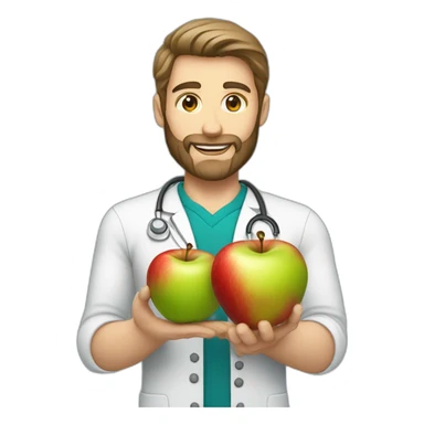 A male nutritionist with a full beard and dark blonde hair and white skin holding an apple in his hand. sticker