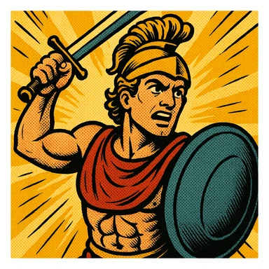 mythical hero, ancient Greek style, heroic expression, comic book style sticker