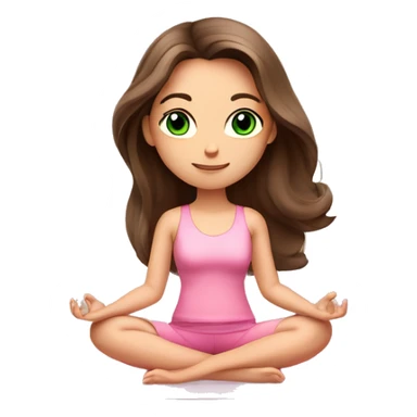 Brunette long hair and green eyes yoga beautiful girl in light pink pink pink clothes sitting on a yoga mat sticker