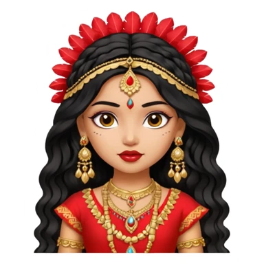 a pretty bratz fair indian girl wearing a red indian wedding outfit,  golden jewellery, black wavy hair sticker