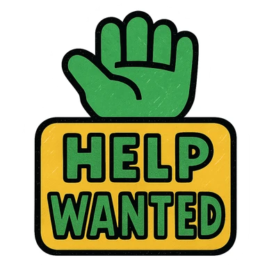 help wanted sign, modern look, green gold and white color scheme, rounded shapes, simple design sticker