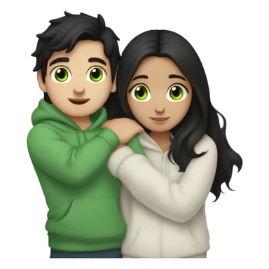 A black haired girl with green eyes who is approximately 5,2 with a black hoodie and pijamas hugging a blue eyed light brunette boy with freckles wearing pijamas and a white hoodie sticker