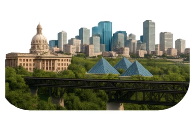 Remove the sky and clouds from the previous Edmonton emoji, keeping everything else exactly the same: the skyline with the Alberta Legislature Building, Muttart Conservatory, High Level Bridge, lifelike detail, accurate colors, bright lighting, wide city view. Maintain a fully transparent background and do not change anything else. sticker