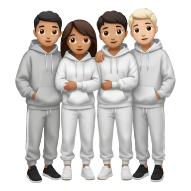four mixed race friends all wearing white oversized hoodies with the hoods up, white sweatpants, and white slides huddled together hugging sticker
