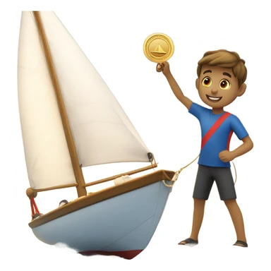 boy puts medal on his sailing boat sticker