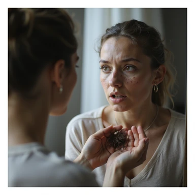 hyperrealistic 4K detailed image of a woman with PCOS sitting in front of a mirror, face with acne and facial hair, shocked expression looking at a clump of hair fallen in her hand, visibly thinning hair on temples and top of head, domestic environment sticker