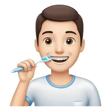 person brushing their teeth, smiling, holding a toothbrush, simple and expressive sticker