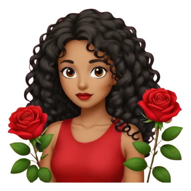 Olive brown eyed women with black long curly hair rose background red top sticker