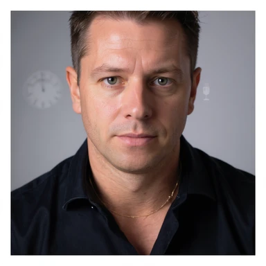 Vertical portrait, only the man's face in a realistic style with a serene expression. Include symbols of a clock or hourglass next to the face to represent fasting time. The atmosphere should convey waiting and regeneration. sticker