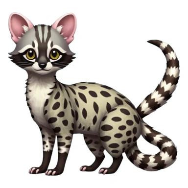 Feral Rare Fantasy shaded detailed vibrant colorful Genet-Trico-Civet-Cacomistle-Margay-species by LiLaiRa, with dark-blackish points, white belly, random markings, tufted tail, tufted ears, full body sticker
