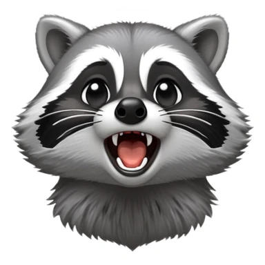 Cinematic-cute realistic- Yawning Raccoon-Portrait-Emoji – Poised and confident, wide-open yawn, revealing a soft grey with a sturdy build and a beautifully textured fur of silver-grey accented by dark black facial markings, deep-set, big black eyes, simplified yet sharp and sophisticated zoom out to show shoulders sticker