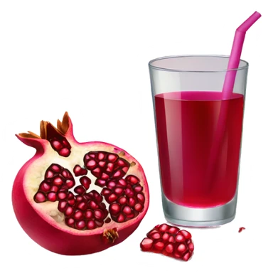 a glass of pomegranate juice with a slice of pomegranate beside it, a straw in it sticker