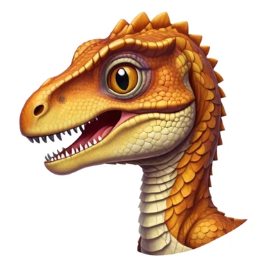 Cinematic Realistic Cute velociraptor/T-rex Portrait Emoji, Head tilted playfully and inquisitively, featuring a compact, slightly rounded build with intricately detailed, textured scales in natural hues and a surprisingly endearing face with bright, curious eyes, rendered with lifelike clarity and warm natural light, high shine, affectionate and quirky, styled with a touch of prehistoric whimsy, soft glowing outline, capturing the essence of a mischievous yet lovable velociraptor/T-rex that seems poised to stomp playfully into your arms! sticker