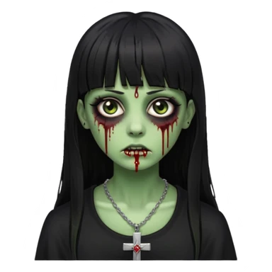 Zumbi verde com olhos castanhos aspecto de que tá sangrando, uma franja reta com cabelo preto um piercing do lado esquerdo do nariz, roupa preta e crucifixo como colar, e também delineador sticker