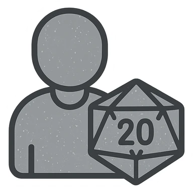 minimalist gray icon of a player silhouette with a D20 dice, worn distressed look sticker