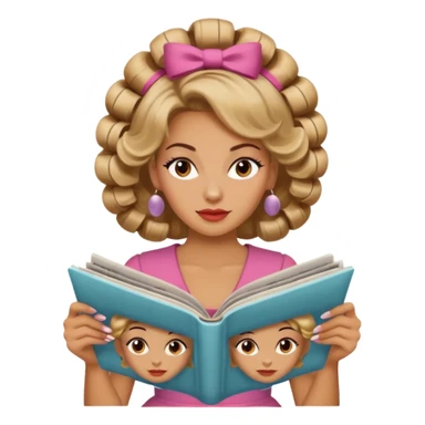 mujer en la peluquería con rulos en la cabeza y leyendo una revista, estilo vintage sticker