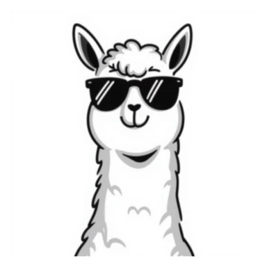 vintage style llama, sunglasses, sassy pose, black outline drawing sticker