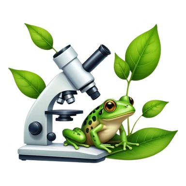 An icon featuring a DNA strand, a microscope, and a green leaf, symbolizing biology. The design includes animal cells, plant structures, and a frog, representing the study of living organisms and ecosystems. Transparent background highlights life sciences and biological research. sticker