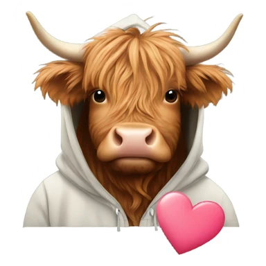 Highland cow wearing a hoodie holding a heart sticker