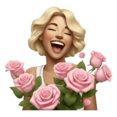 Hyper Realistic beautiful woman smells bouquet of roses laughing  sticker