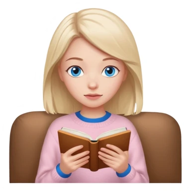 Pretty blue eyed white girl with light pink sweater reading cozy sticker