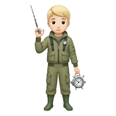 Boy in fishing suit looking at his wristwatch, full body sticker