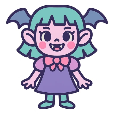 scary cute girl character, pastel colors, fangs, friendly expression sticker