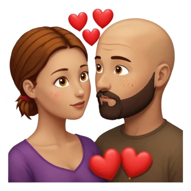 Couple. Bald man with dark brown-black beard. Woman with many small, faded, round freckles, white skin and she has auburn-yellow-brown-caramel-cinnamon dark hair. She has light yellow-brown eyes. He have hazel eyes. They look at each other. Many small red hearts around them. sticker