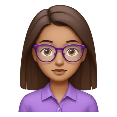 Imagine a pretty girl with slightly light brown skin with big brown eyes and glasses. She has straight long brown hair in a slick back and is wearing a light purple shirt sticker