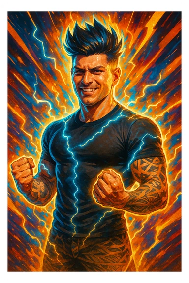 a man with a chiseled physique and wild, upward hair stands center stage, fists clenched and chest out. A radiant, electric aura envelops him, with energy lines and glowing effects highlighting his strength and masculinity. His face shows determination and pride, and the background features explosive, dynamic patterns. sticker
