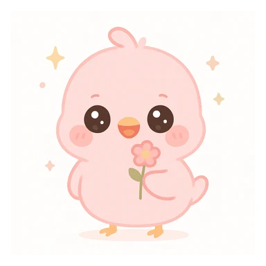 a cute pink chick, original design, big eyes, blushing cheeks, joyful, holding a tiny flower sticker