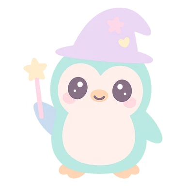 {
  "style_description": {
    "overall_look": "Cute, minimal, and soft with a friendly and playful tone",
    "material_simulation": {
      "primary_material": "flat digital color",
      "texture_detail": "smooth surfaces with no texture or shading",
      "pattern": "none or very simple decorative accents (e.g., hearts, stars)"
    },
    "geometry": {
      "edge_style": "rounded, soft curves with no sharp angles",
      "dimensionality": "flat two-dimensional appearance with simple shapes"
    },
    "color_palette": {
      "scheme": "pastel and light tones",
      "preferred_colors": ["pink", "mint", "lavender", "baby blue", "peach"],
      "contrast": "low contrast with bright accents"
    },
    "facial_features": {
      "eyes": "large, sparkly, often oval or circular",
      "mouth": "small, often a simple curve or dot",
      "expression": "joyful, innocent, or calm"
    },
    "lighting": {
      "type": "none or implied with soft highlights",
      "purpose": "maintain a clean and cheerful look"
    },
    "render_constraints": {
      "avoid": ["realistic shading", "high detail", "dark themes", "texture noise"],
      "focus_on": ["cute expression", "iconic simplicity", "emotional warmth"]
    },
    "background": {
      "color": "white or soft pastel",
      "style": "plain or patterned with simple icons (e.g., polka dots, stars)",
      "lighting_consistency": "no shadows, evenly lit feel"
    }
  }
}

{subject} = penguin wizard sticker