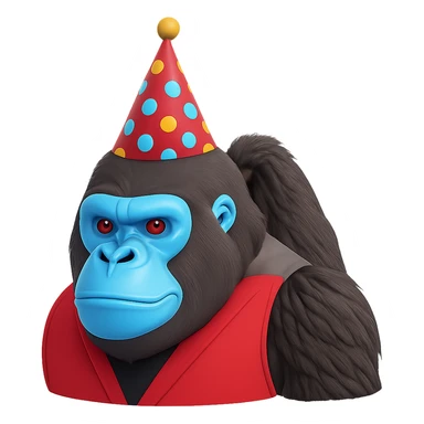 Make sure the cyan gorilla with a party hat has no legs, keep the background transparent. Maintain the original style and details of the image. sticker