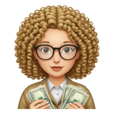 curly haired white woman with glasses holding a lot of money sticker
