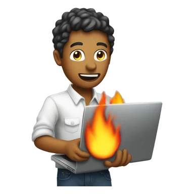 a software engineer holding a computer that is on fire sticker