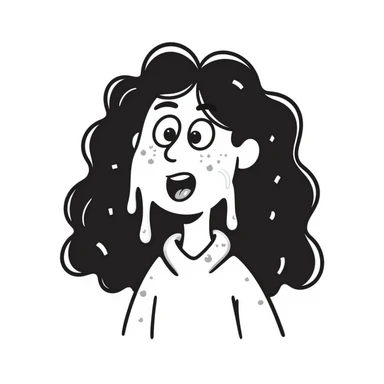 shocked woman with long messy curly black hair, thick goopy white liquid on cheeks, lips, tongue, tongue out, eyes wide open, gunk dripping and matting hair sticker