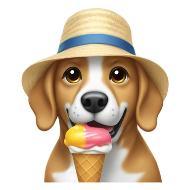 Dog eating ice cream with a beach hat sticker