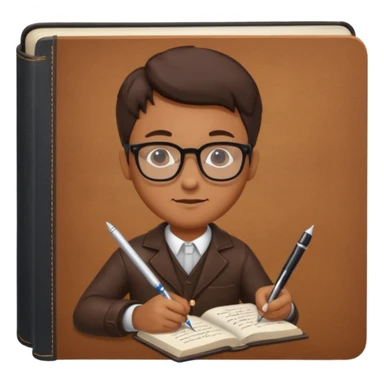man hold a pen in hand write in book , wearing glasses sticker