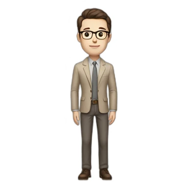 Full height Pale skinned Fit Man With dark brown hair in gray classic jacket, beige office shirt, Brown pants and vintage glasses. Thrumbs of his palms upwards sticker