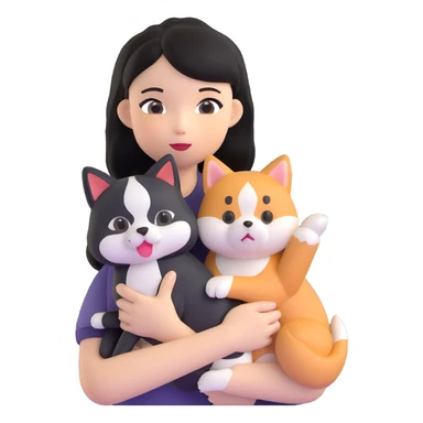 girl with black shoulder-length hair wearing a black tight-fitting top with a calico cat with white mouth and a shiba inu dog sticker