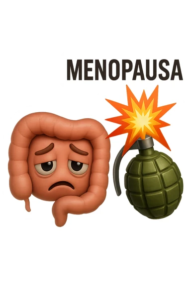 EMOJI STILE IPHONE 3D DI INTESTINO SFINITO CON ESPRESSIONE STANCA, ACCANTO A LUI SCOPPIA UNA GRANATA 3D CON LA SCRITTA "MENOPAUSA" SOPRA sticker