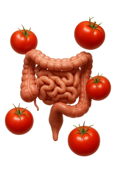 intestino umano anatomico con pomodori che gli fluttuano intorno, iperrealistico 4k sticker